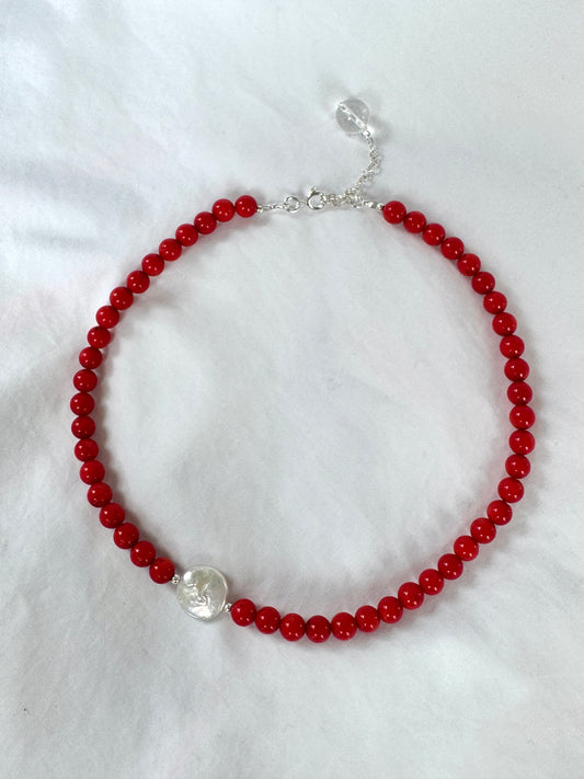 Red Coral Beaded Necklace with Flat Pearl & Clear moonstone Accent