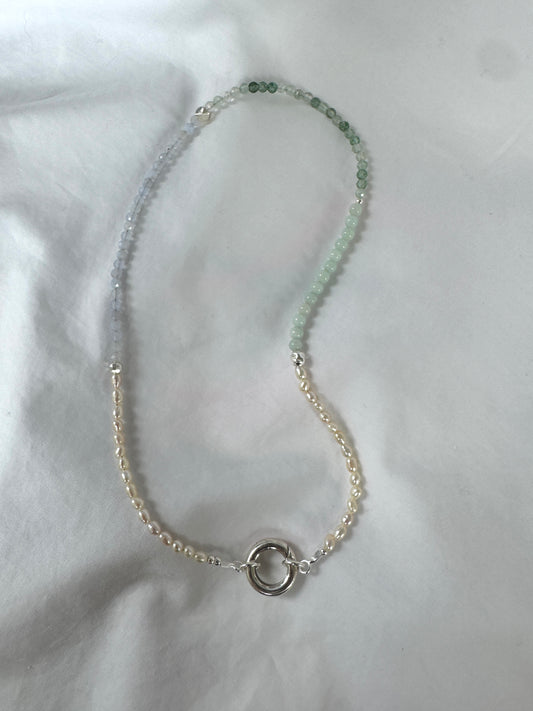 Moss Agate & Pearl Necklace with Silver Push Clasp